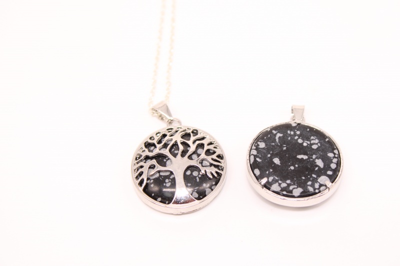 Tree of Life with Synthetic Snowflake Obsidian Gemstone Charm Pendant Necklace
